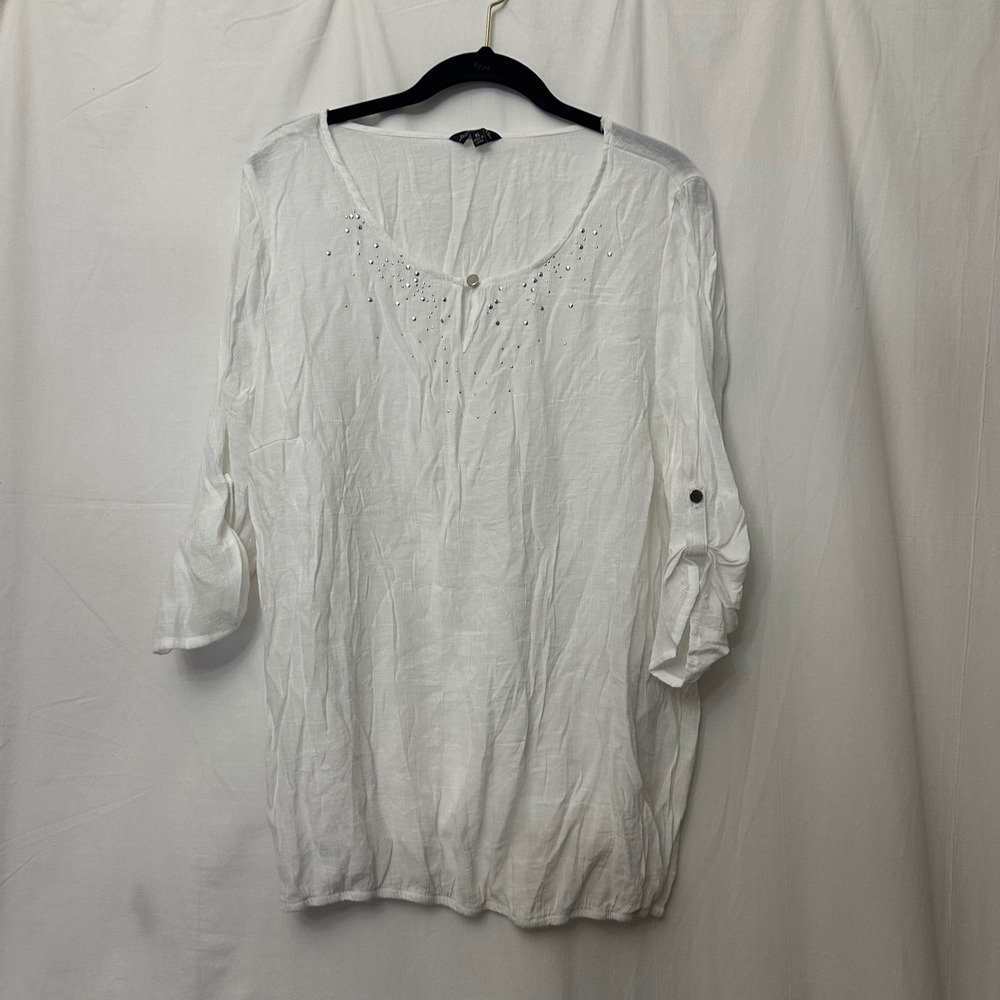 Notations White Gauze Studded Split Neck Roll Tab Sleeve Blouse XL MRJ0218